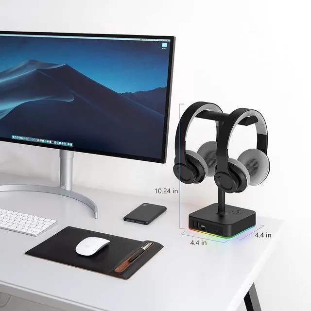 Alt view image 7 of 7 - FOR-RGB Dual Headphone Stand with USB C Charger Desk Gaming Double Headset Holder Hanger Rack with 3 USB Charging Port and 2 Outlet - Suitable for Gamer Desktop Table Game Earphone Accessories Gift