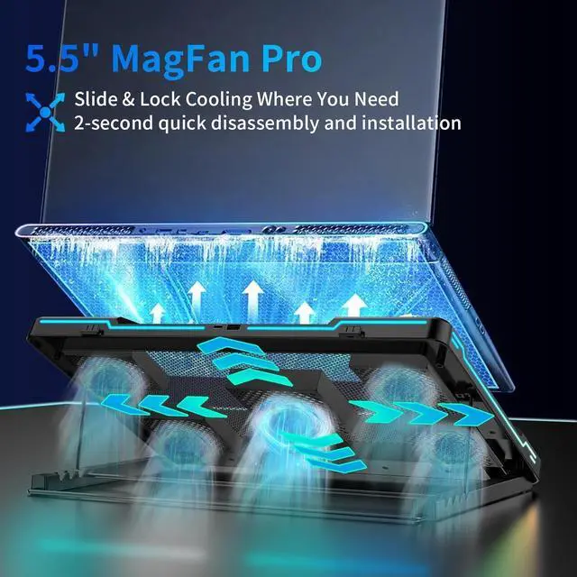 Alt view image 2 of 7 - Laptop Cooling Pad, Laptop Cooler Stand with 5.5" Movable Fan Easy to Clean, 10 RGB Light Modes, Auto Temp Sensor & 3-Speed Manual Control, Ultra Quiet 40dB for 1417.3 Inch Laptops