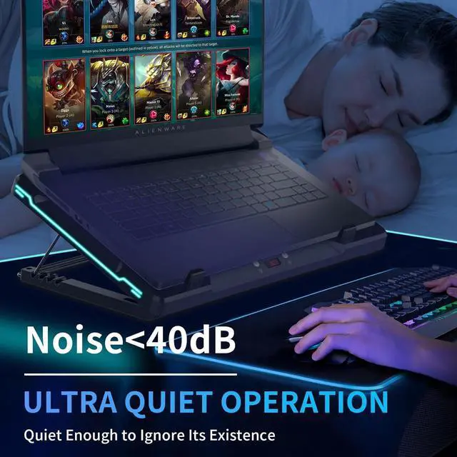 Alt view image 6 of 7 - Laptop Cooling Pad, Laptop Cooler Stand with 5.5" Movable Fan Easy to Clean, 10 RGB Light Modes, Auto Temp Sensor & 3-Speed Manual Control, Ultra Quiet 40dB for 1417.3 Inch Laptops