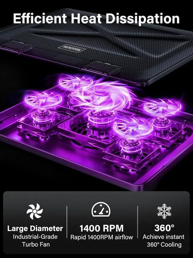 Alt view image 2 of 7 - Laptop Cooling Pad, Laptop Cooler with 5 Quiet Fans for 12"-17" Computer PC Notebook Gaming Laptop Fan, Height Adjustable Laptop Cooling Stand Laptop Accessories (Purple)