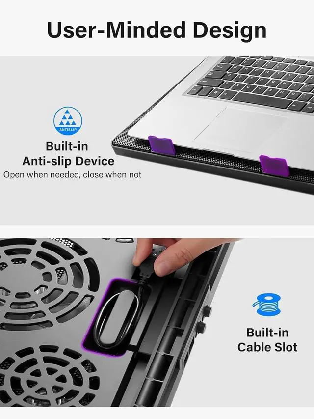 Alt view image 6 of 7 - Laptop Cooling Pad, Laptop Cooler with 5 Quiet Fans for 12"-17" Computer PC Notebook Gaming Laptop Fan, Height Adjustable Laptop Cooling Stand Laptop Accessories (Purple)