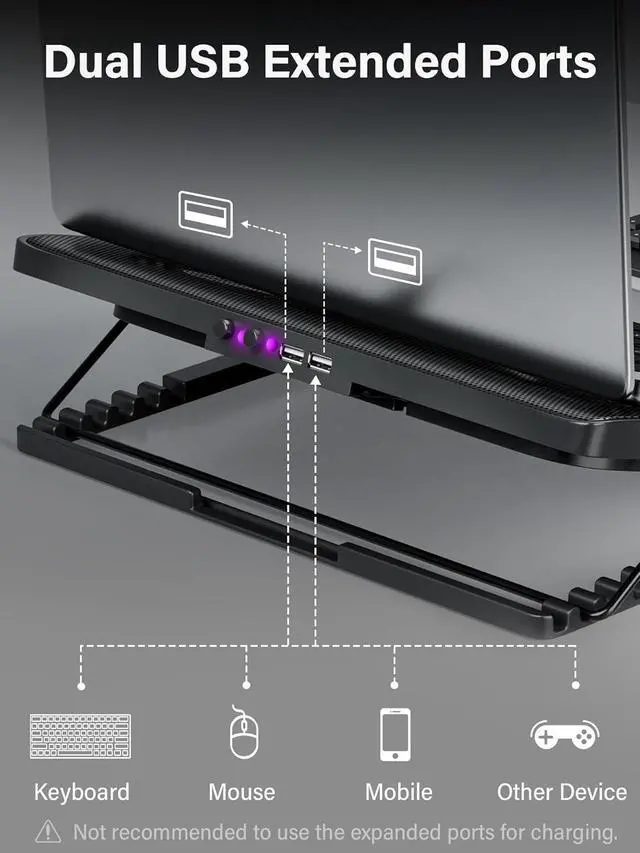 Alt view image 7 of 7 - Laptop Cooling Pad, Laptop Cooler with 5 Quiet Fans for 12"-17" Computer PC Notebook Gaming Laptop Fan, Height Adjustable Laptop Cooling Stand Laptop Accessories (Purple)