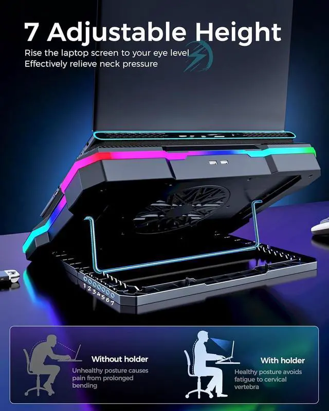Alt view image 4 of 7 - FOR Gaming Laptop Cooling Pad with Full RGB Lights, Powerful Cooler Fan Stand for 15-19 inch Gamer Heavy Duty Laptops and PC Computers