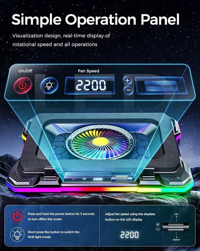 Alt view image 5 of 7 - FOR Gaming Laptop Cooling Pad with Full RGB Lights, Powerful Cooler Fan Stand for 15-19 inch Gamer Heavy Duty Laptops and PC Computers