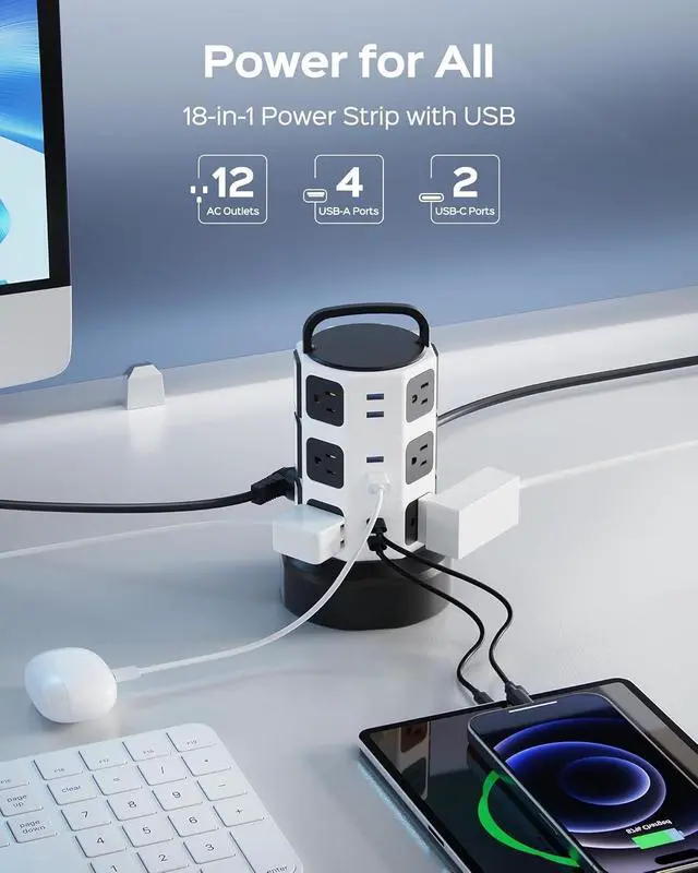 Alt view image 2 of 7 - Power Strip Tower Surge Protector, 12 Outlets 6 USB (2 USB C) Charging Station, Extension Cord with Multiple Outlets, 1050J 1625W/13A Outlet Extender 6.5ft Extension Cord for Home Office