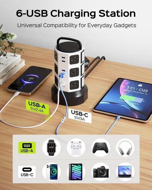 Alt view image 6 of 7 - Power Strip Tower Surge Protector, 12 Outlets 6 USB (2 USB C) Charging Station, Extension Cord with Multiple Outlets, 1050J 1625W/13A Outlet Extender 6.5ft Extension Cord for Home Office