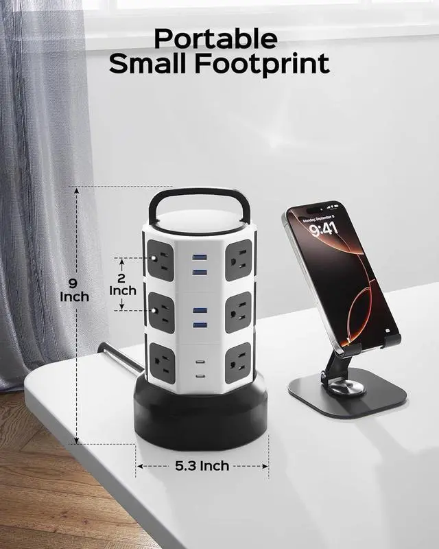Alt view image 3 of 7 - Power Strip Tower Surge Protector, 12 Outlets 6 USB (2 USB C) Charging Station, Extension Cord with Multiple Outlets, 1050J 1625W/13A Outlet Extender 6.5ft Extension Cord for Home Office