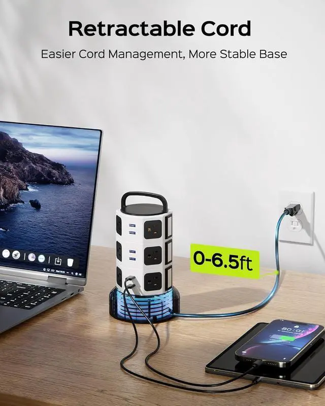 Alt view image 4 of 7 - Power Strip Tower Surge Protector, 12 Outlets 6 USB (2 USB C) Charging Station, Extension Cord with Multiple Outlets, 1050J 1625W/13A Outlet Extender 6.5ft Extension Cord for Home Office