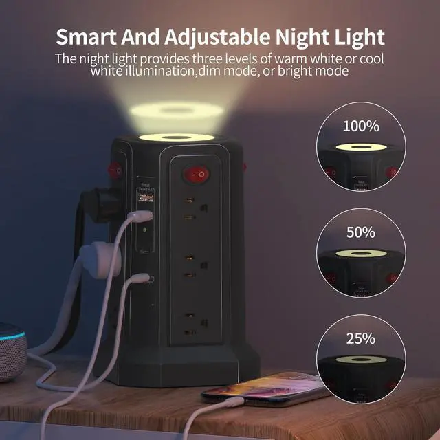 Alt view image 3 of 7 - for Long Surge Protector Power Strip 16 FT Cord, PD20W USB C Power Strip Tower with Night Light, Extension Cord with Multiple Outlets with 4 USB Ports, Charging Station Home Office Essentials Black