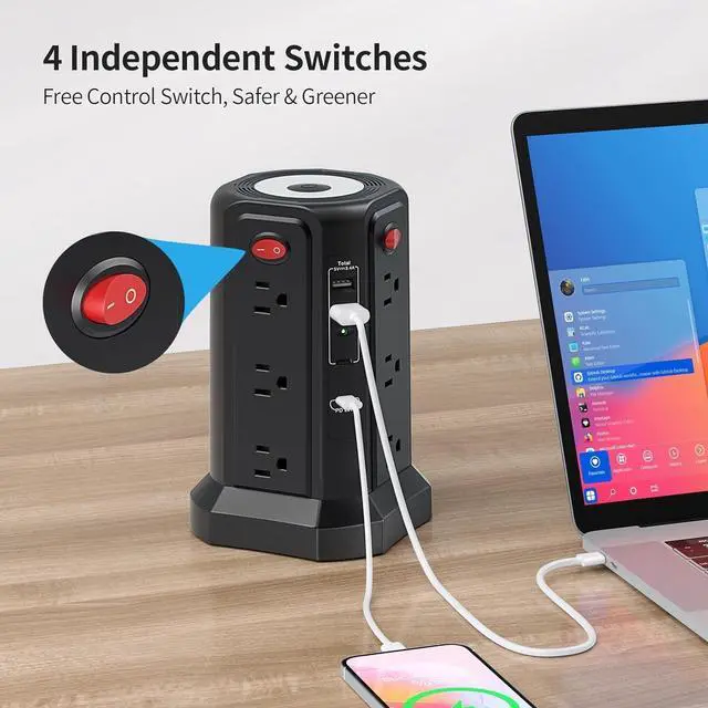 Alt view image 7 of 7 - for Long Surge Protector Power Strip 16 FT Cord, PD20W USB C Power Strip Tower with Night Light, Extension Cord with Multiple Outlets with 4 USB Ports, Charging Station Home Office Essentials Black