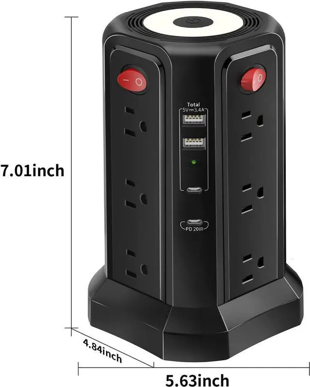 Alt view image 4 of 7 - for Long Surge Protector Power Strip 16 FT Cord, PD20W USB C Power Strip Tower with Night Light, Extension Cord with Multiple Outlets with 4 USB Ports, Charging Station Home Office Essentials Black