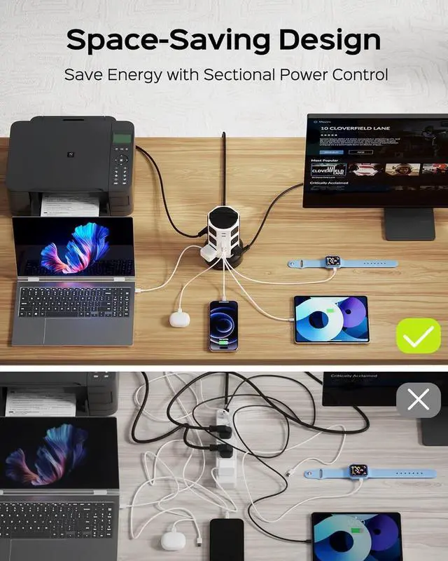 Alt view image 7 of 7 - Power Strip Tower Surge Protector, 12 Outlets 6 USB (2 USB C) Charging Station, Extension Cord with Multiple Outlets, 1050J 1625W/13A Outlet Extender 6.5ft Extension Cord for Home Office