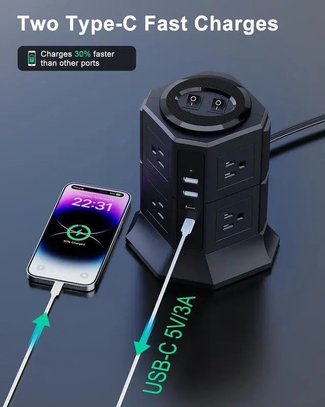 Alt view image 4 of 7 - Surge Protector Power Strip Tower with 8 AC Outlets 4 USB Ports(2 Type C), 6.5 FT Ultra Flat Extension Cord, Flat Plug Power Strips Tower with Surge Protection for Home, Office, Dorm