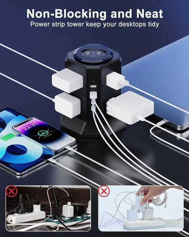 Alt view image 5 of 7 - Surge Protector Power Strip Tower with 8 AC Outlets 4 USB Ports(2 Type C), 6.5 FT Ultra Flat Extension Cord, Flat Plug Power Strips Tower with Surge Protection for Home, Office, Dorm