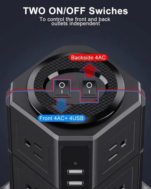 Alt view image 6 of 7 - Surge Protector Power Strip Tower with 8 AC Outlets 4 USB Ports(2 Type C), 6.5 FT Ultra Flat Extension Cord, Flat Plug Power Strips Tower with Surge Protection for Home, Office, Dorm
