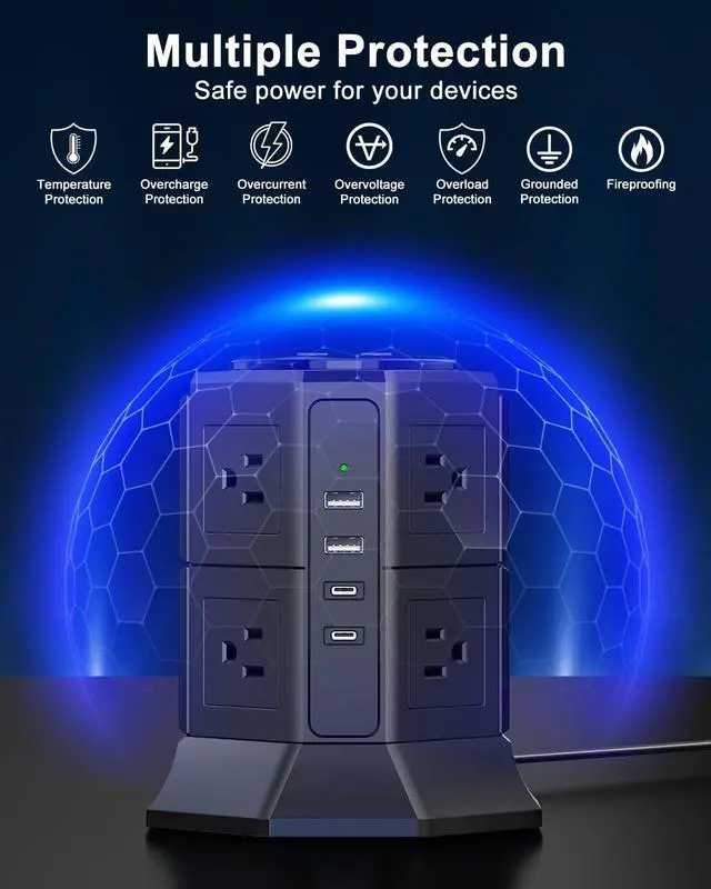 Alt view image 7 of 7 - Surge Protector Power Strip Tower with 8 AC Outlets 4 USB Ports(2 Type C), 6.5 FT Ultra Flat Extension Cord, Flat Plug Power Strips Tower with Surge Protection for Home, Office, Dorm