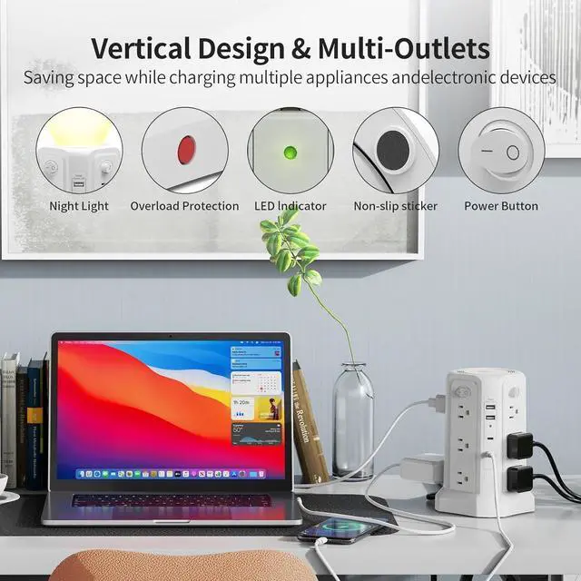 Alt view image 5 of 7 - Long Surge Protector Power Strip 16 FT Cord, PD20W USB C Power Strip Tower with Night Light, Extension Cord with Multiple Outlets with 4 USB Ports, Charging Station Home Office Essentials White