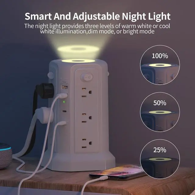 Alt view image 3 of 7 - Long Surge Protector Power Strip 16 FT Cord, PD20W USB C Power Strip Tower with Night Light, Extension Cord with Multiple Outlets with 4 USB Ports, Charging Station Home Office Essentials White