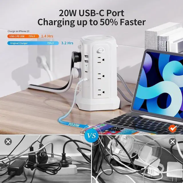 Alt view image 6 of 7 - for Long Surge Protector Power Strip 16 FT Cord, PD20W USB C Power Strip Tower with Night Light, Extension Cord with Multiple Outlets with 4 USB Ports, Charging Station Home Office Essentials White