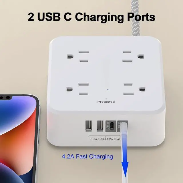 Alt view image 3 of 7 - Surge Protector Power Strip - 5Ft Braided Extension Cord with 8 Outlets with 4 USB (2 USB C) Charging Ports, Flat Plug Multi Plug Outlet Extender Charging Station for Home Office, ETL, White