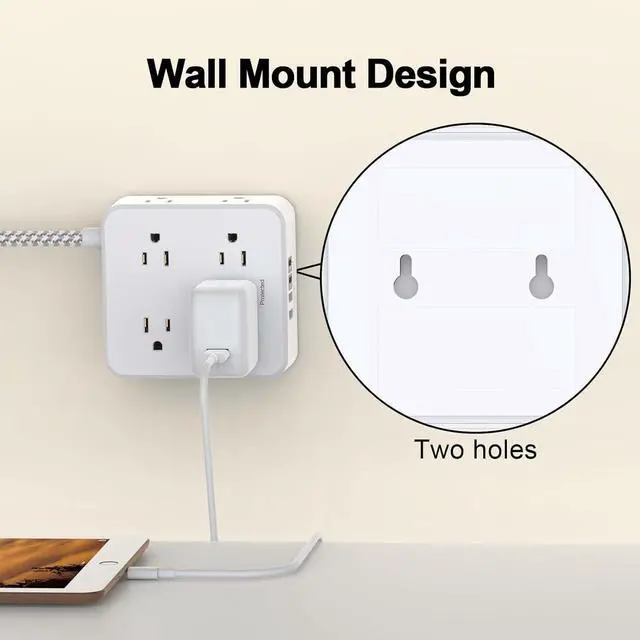 Alt view image 6 of 7 - Surge Protector Power Strip - 5Ft Braided Extension Cord with 8 Outlets with 4 USB (2 USB C) Charging Ports, Flat Plug Multi Plug Outlet Extender Charging Station for Home Office, ETL, White