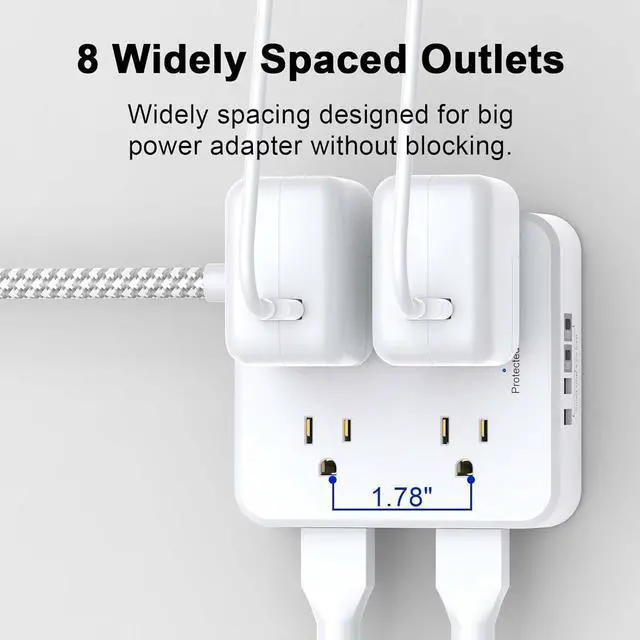 Alt view image 4 of 7 - Surge Protector Power Strip - 5Ft Braided Extension Cord with 8 Outlets with 4 USB (2 USB C) Charging Ports, Flat Plug Multi Plug Outlet Extender Charging Station for Home Office, ETL, White