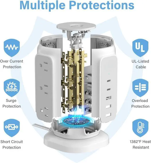 Alt view image 7 of 7 - Flat Plug Power Strip Tower with 9 Outlets and 5 USB Ports (2 USB-C), 1200J Surge Protection, 1625W Extension Cord with Multiple Outlets Charging Station for Home Dorm Office Supplies