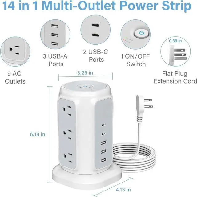 Alt view image 2 of 7 - Flat Plug Power Strip Tower with 9 Outlets and 5 USB Ports (2 USB-C), 1200J Surge Protection, 1625W Extension Cord with Multiple Outlets Charging Station for Home Dorm Office Supplies