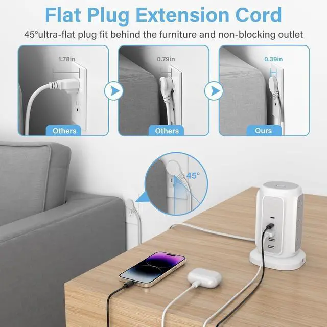 Alt view image 4 of 7 - Flat Plug Power Strip Tower with 9 Outlets and 5 USB Ports (2 USB-C), 1200J Surge Protection, 1625W Extension Cord with Multiple Outlets Charging Station for Home Dorm Office Supplies
