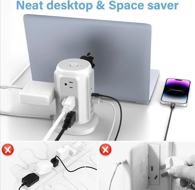 Alt view image 5 of 7 - Flat Plug Power Strip Tower with 9 Outlets and 5 USB Ports (2 USB-C), 1200J Surge Protection, 1625W Extension Cord with Multiple Outlets Charging Station for Home Dorm Office Supplies