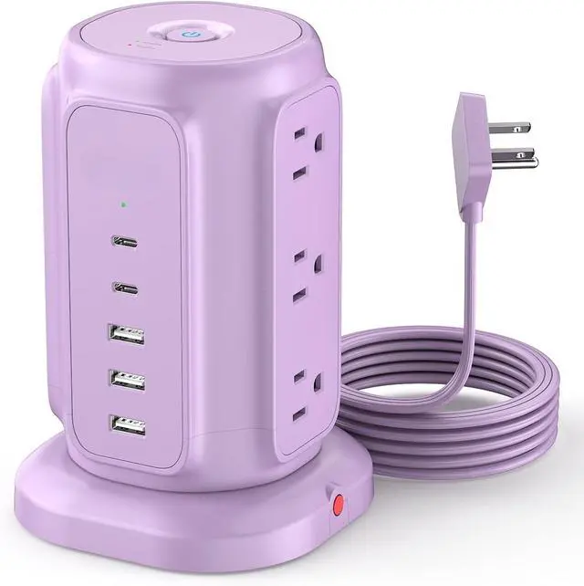 Main image of FOR Flat Plug Power Strip Tower with 9 Outlets and 5 USB Ports (2 USB C), 1200J Surge Protection with 1625W Extension Cord with Multiple Outlets for Dorm Home Office Supplies, Purple