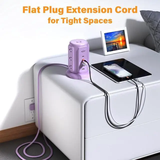 Alt view image 6 of 6 - FOR Flat Plug Power Strip Tower with 9 Outlets and 5 USB Ports (2 USB C), 1200J Surge Protection with 1625W Extension Cord with Multiple Outlets for Dorm Home Office Supplies, Purple