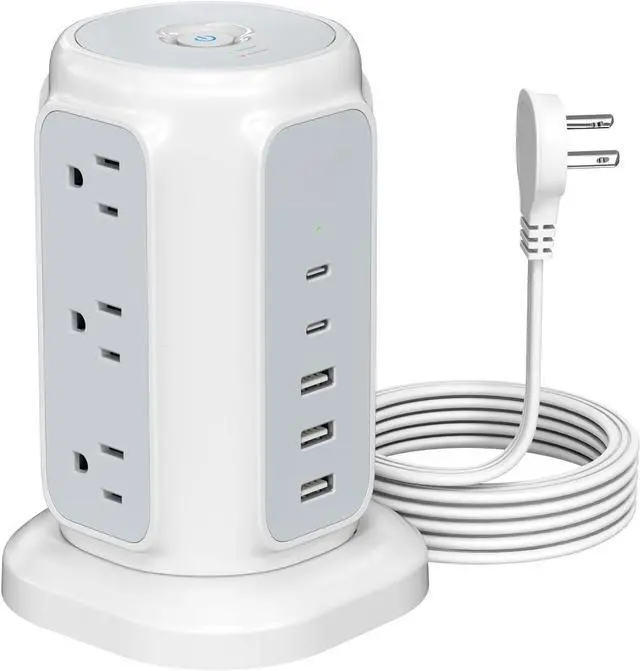 Main image of Flat Plug Power Strip Tower with 9 Outlets and 5 USB Ports (2 USB-C), 1200J Surge Protection, 1625W Extension Cord with Multiple Outlets Charging Station for Home Dorm Office Supplies