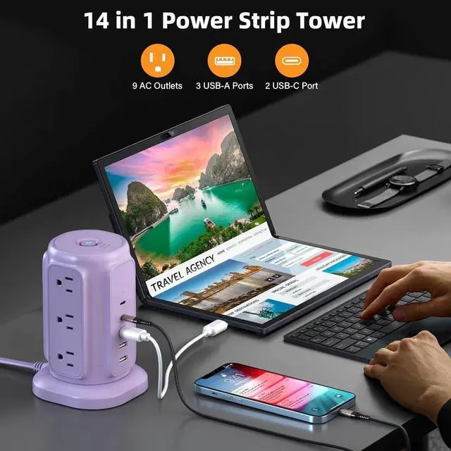 Alt view image 2 of 6 - FOR Flat Plug Power Strip Tower with 9 Outlets and 5 USB Ports (2 USB C), 1200J Surge Protection with 1625W Extension Cord with Multiple Outlets for Dorm Home Office Supplies, Purple