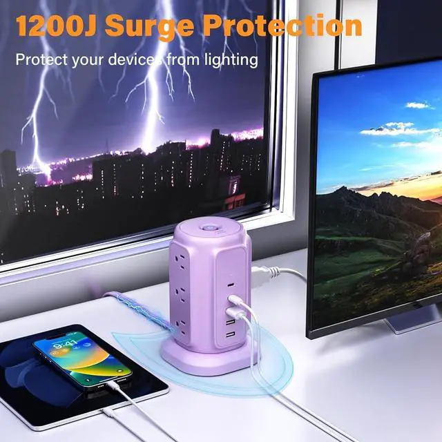 Alt view image 3 of 6 - FOR Flat Plug Power Strip Tower with 9 Outlets and 5 USB Ports (2 USB C), 1200J Surge Protection with 1625W Extension Cord with Multiple Outlets for Dorm Home Office Supplies, Purple