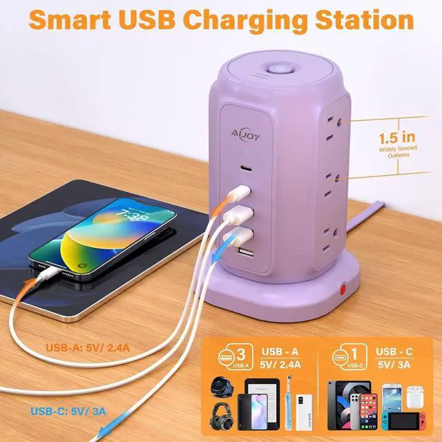 Alt view image 4 of 6 - FOR Flat Plug Power Strip Tower with 9 Outlets and 5 USB Ports (2 USB C), 1200J Surge Protection with 1625W Extension Cord with Multiple Outlets for Dorm Home Office Supplies, Purple