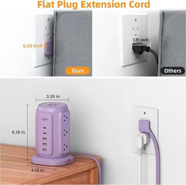 Alt view image 5 of 6 - FOR Flat Plug Power Strip Tower with 9 Outlets and 5 USB Ports (2 USB C), 1200J Surge Protection with 1625W Extension Cord with Multiple Outlets for Dorm Home Office Supplies, Purple