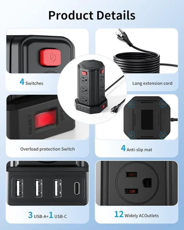 Alt view image 2 of 7 - Power Strip Surge Protector, 6.5 Ft Extension Cord with 12 AC Multiple Outlets 4 USB (1 USB C), Power Tower Desktop Charging Station (Black, 6.5 Ft)