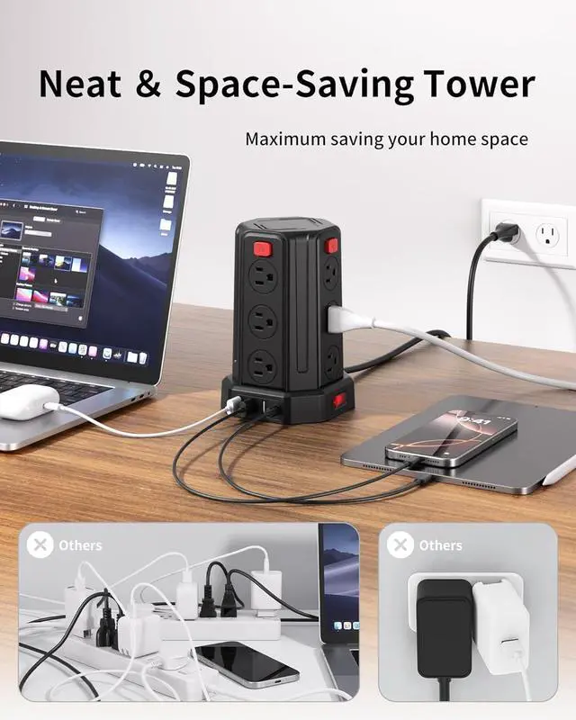 Alt view image 5 of 7 - Power Strip Surge Protector, 6.5 Ft Extension Cord with 12 AC Multiple Outlets 4 USB (1 USB C), Power Tower Desktop Charging Station (Black, 6.5 Ft)