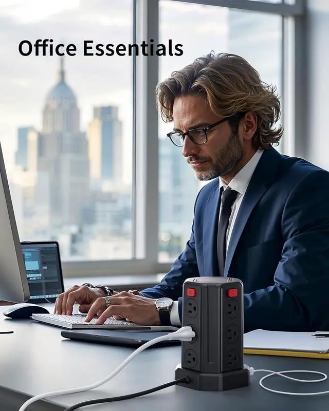 Alt view image 6 of 7 - Power Strip Surge Protector, 6.5 Ft Extension Cord with 12 AC Multiple Outlets 4 USB (1 USB C), Power Tower Desktop Charging Station (Black, 6.5 Ft)