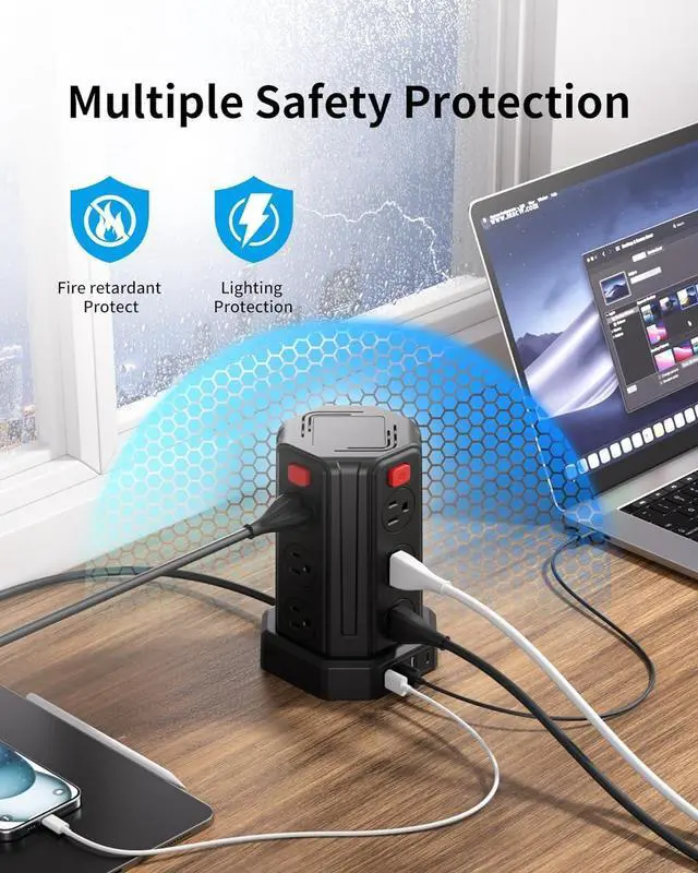 Alt view image 3 of 7 - Power Strip Surge Protector, 6.5 Ft Extension Cord with 12 AC Multiple Outlets 4 USB (1 USB C), Power Tower Desktop Charging Station (Black, 6.5 Ft)