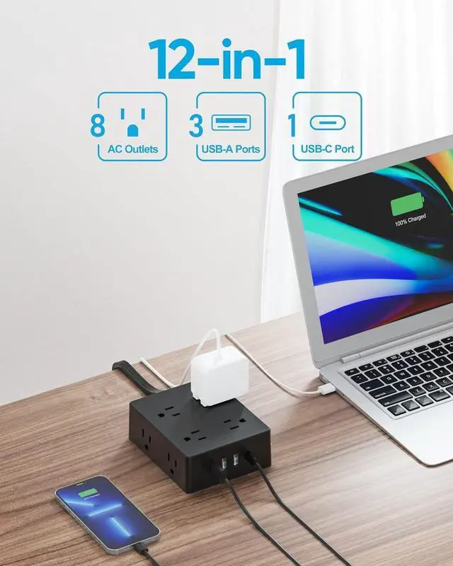 Alt view image 2 of 7 - Surge Protector Power Strip, Ultra Thin Flat Plug Extension Cord 5ft, 8 Outlets 4 USB Ports(1 USB C), Flat Wall Plug Outlet Extender, College Dorm Room Essentials, Black