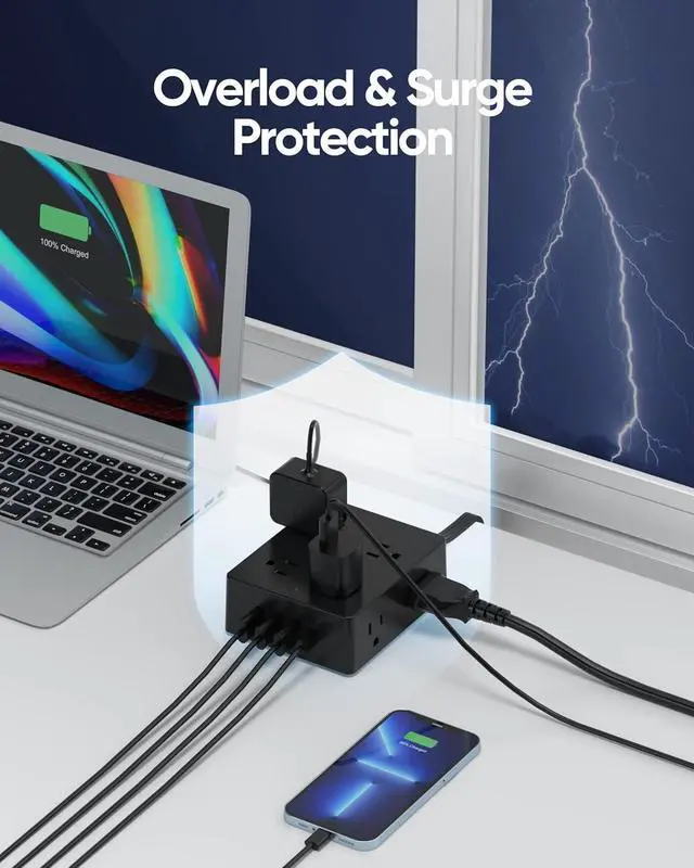 Alt view image 7 of 7 - Surge Protector Power Strip, Ultra Thin Flat Plug Extension Cord 5ft, 8 Outlets 4 USB Ports(1 USB C), Flat Wall Plug Outlet Extender, College Dorm Room Essentials, Black