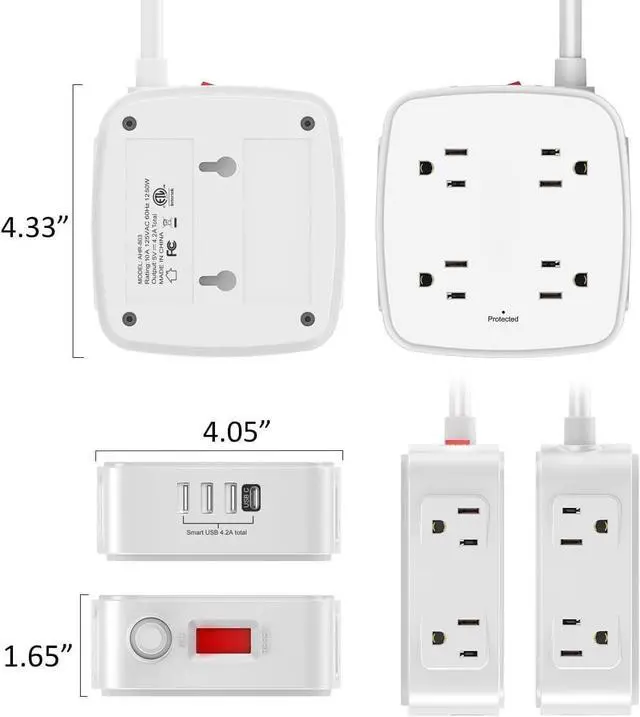 Alt view image 7 of 7 - FOR6 Ft Surge Protector Power Strip - 8 Widely Outlets with 4 USB Ports, 3 Side Outlet Extender with 6 Feet Extension Cord, Flat Plug, Wall Mount, Desk USB Charging Station, ETL,White