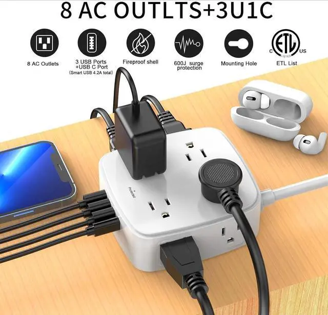 Alt view image 2 of 7 - FOR6 Ft Surge Protector Power Strip - 8 Widely Outlets with 4 USB Ports, 3 Side Outlet Extender with 6 Feet Extension Cord, Flat Plug, Wall Mount, Desk USB Charging Station, ETL,White