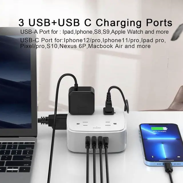 Alt view image 5 of 7 - FOR6 Ft Surge Protector Power Strip - 8 Widely Outlets with 4 USB Ports, 3 Side Outlet Extender with 6 Feet Extension Cord, Flat Plug, Wall Mount, Desk USB Charging Station, ETL,White