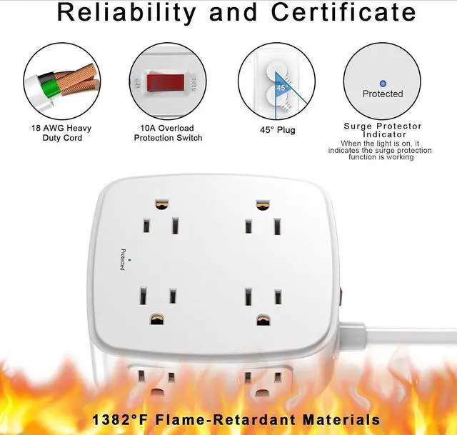 Alt view image 6 of 7 - FOR6 Ft Surge Protector Power Strip - 8 Widely Outlets with 4 USB Ports, 3 Side Outlet Extender with 6 Feet Extension Cord, Flat Plug, Wall Mount, Desk USB Charging Station, ETL,White
