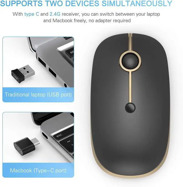 Alt view image 5 of 6 - FOR-Type C Wireless Mouse USB C Rechargeable Portable Quiet Laptop Mouse USB and Type C Receiver Dual Mode Mice for PC, Laptop, MacBook, Tablet-Black Gold