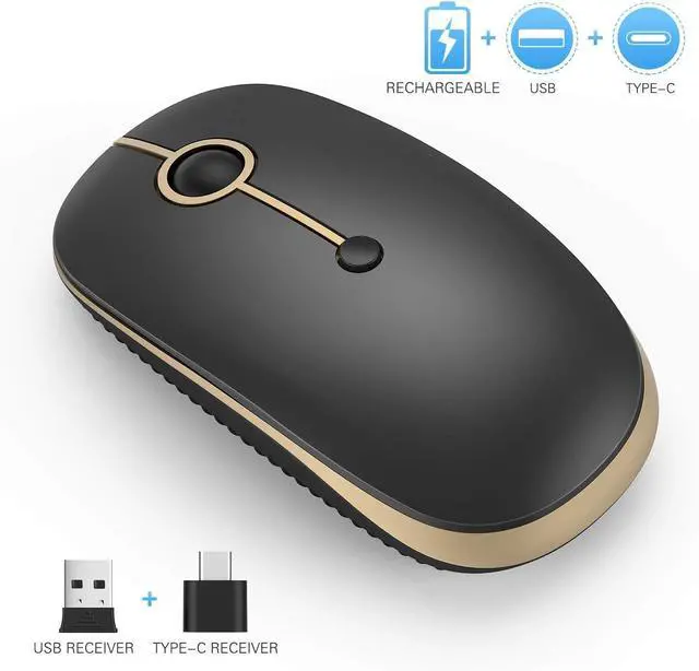 Alt view image 6 of 6 - FOR-Type C Wireless Mouse USB C Rechargeable Portable Quiet Laptop Mouse USB and Type C Receiver Dual Mode Mice for PC, Laptop, MacBook, Tablet-Black Gold
