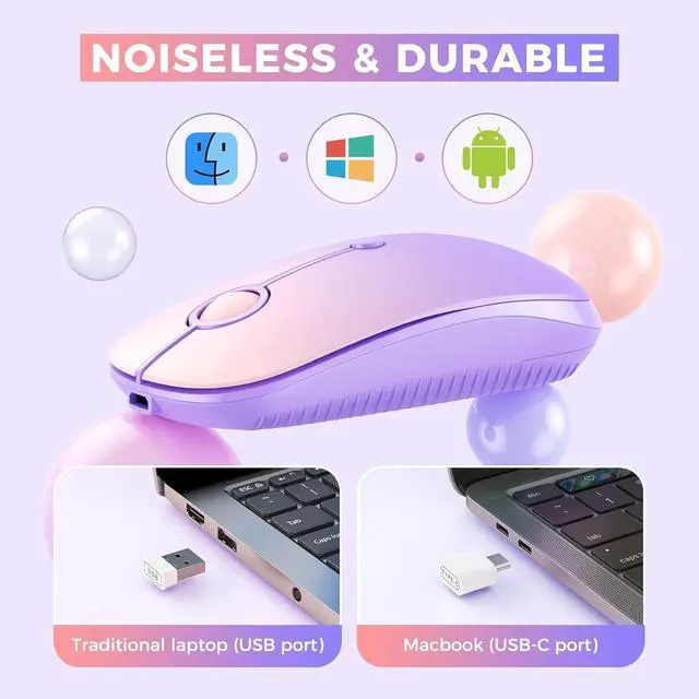 Alt view image 2 of 3 - Type C Wireless Mouse, USB C MacBook Wireless Mouse Dual Mode 2.4G Cordless Mice with Nano USB and Type C Receiver Compatible with PC, Laptop, MacBook, ipad-Gradient Purple